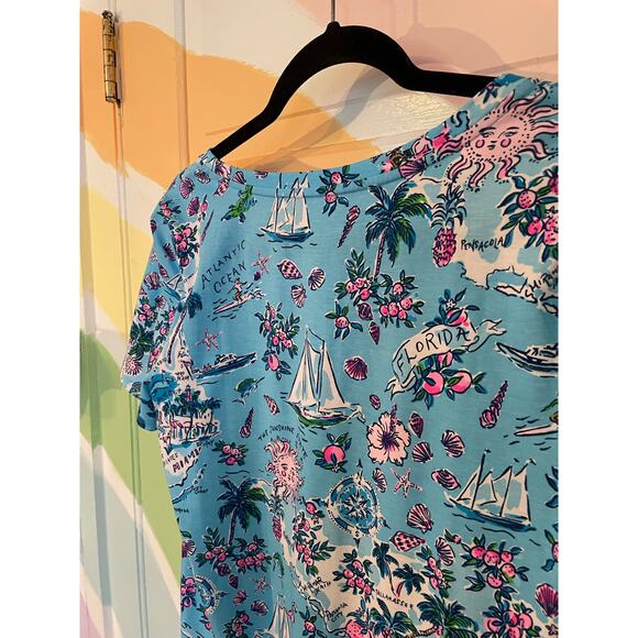 Lilly Pulitzer Pima Cotton Dress Size M Blue Tropical Map Print Short Sleeve - Picture 7 of 10